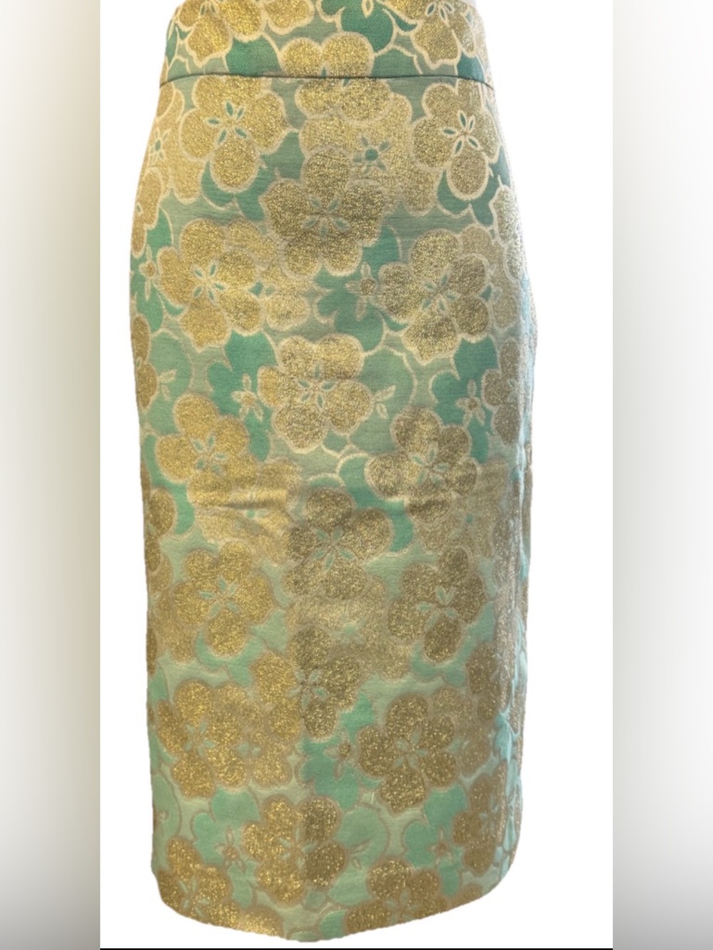 Banana Republic Metallic Floral Brocade Pencil Skirt Teal Gold 4
